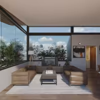Modern living room with large windows and plants.