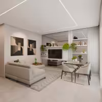 Stylish modern living room with minimalist decor, neutral tones, and green plants.